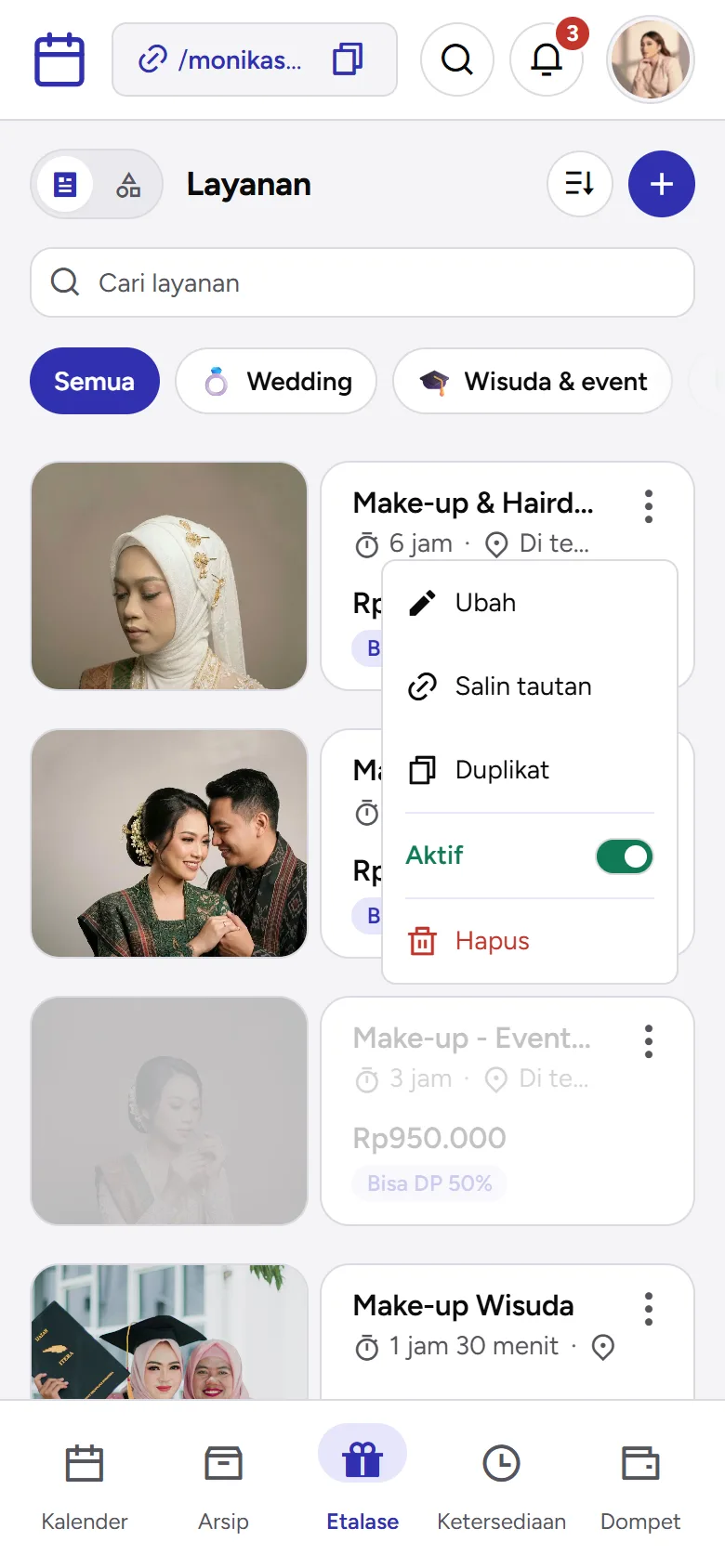 Tangkapan layar: menu kartu layanan dengan saklar Aktif, Duplikat, dan Hapus, tampilan ponsel