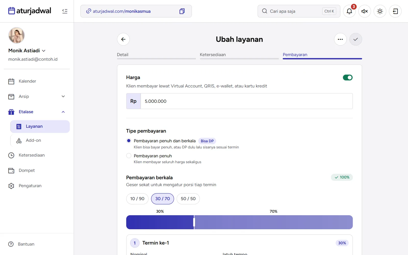 Tangkapan layar: langkah Pembayaran dengan harga dan pembayaran berkala 30/70, tampilan desktop