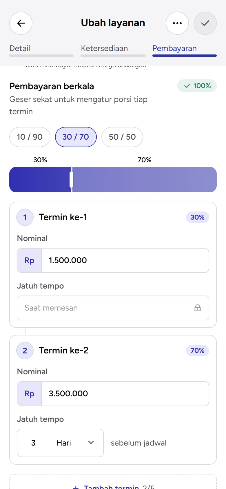 Tangkapan layar: pembayaran berkala 30/70 dengan dua termin, tampilan ponsel