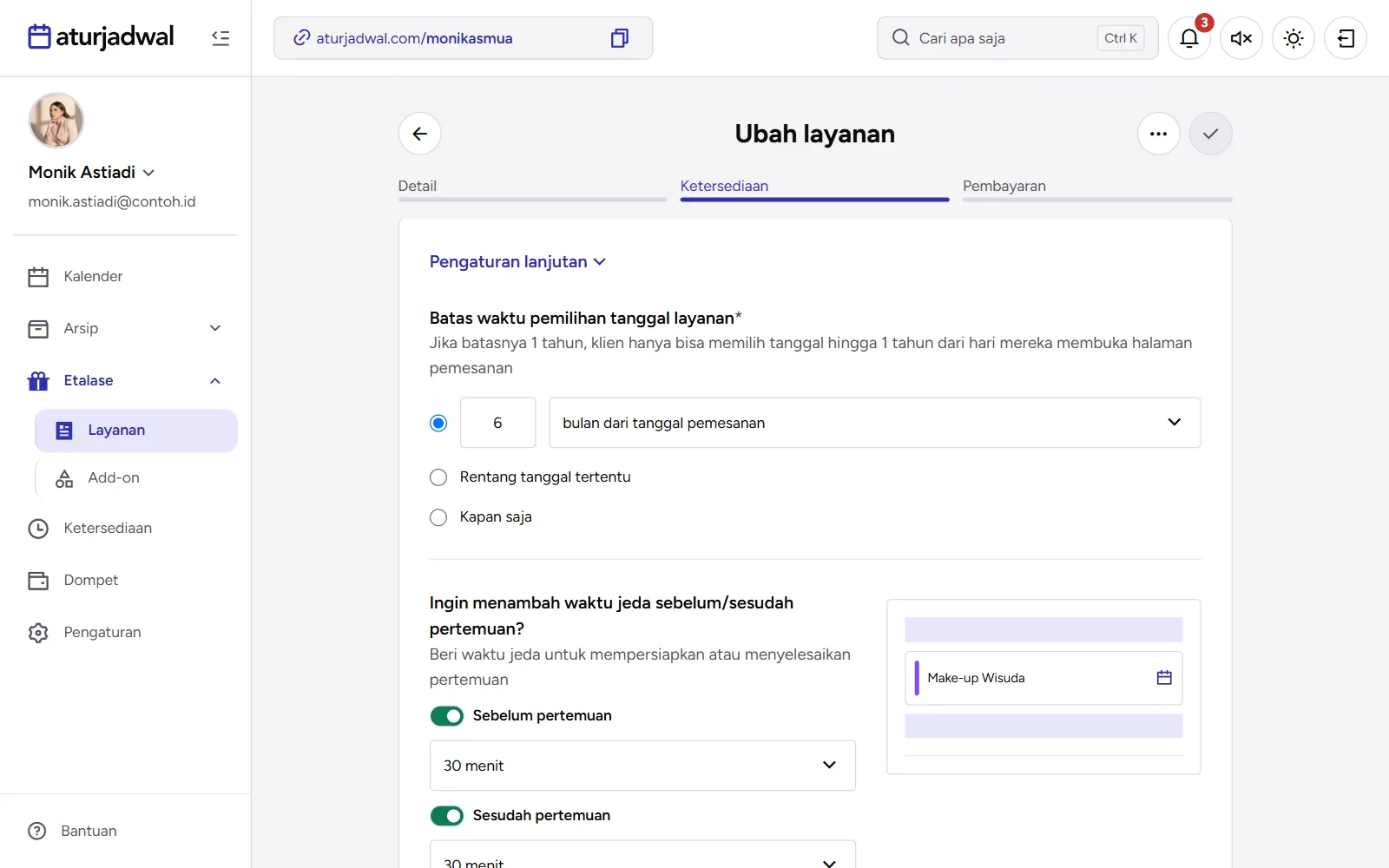 Tangkapan layar: Pengaturan lanjutan layanan dengan batas tanggal dan waktu jeda, tampilan desktop