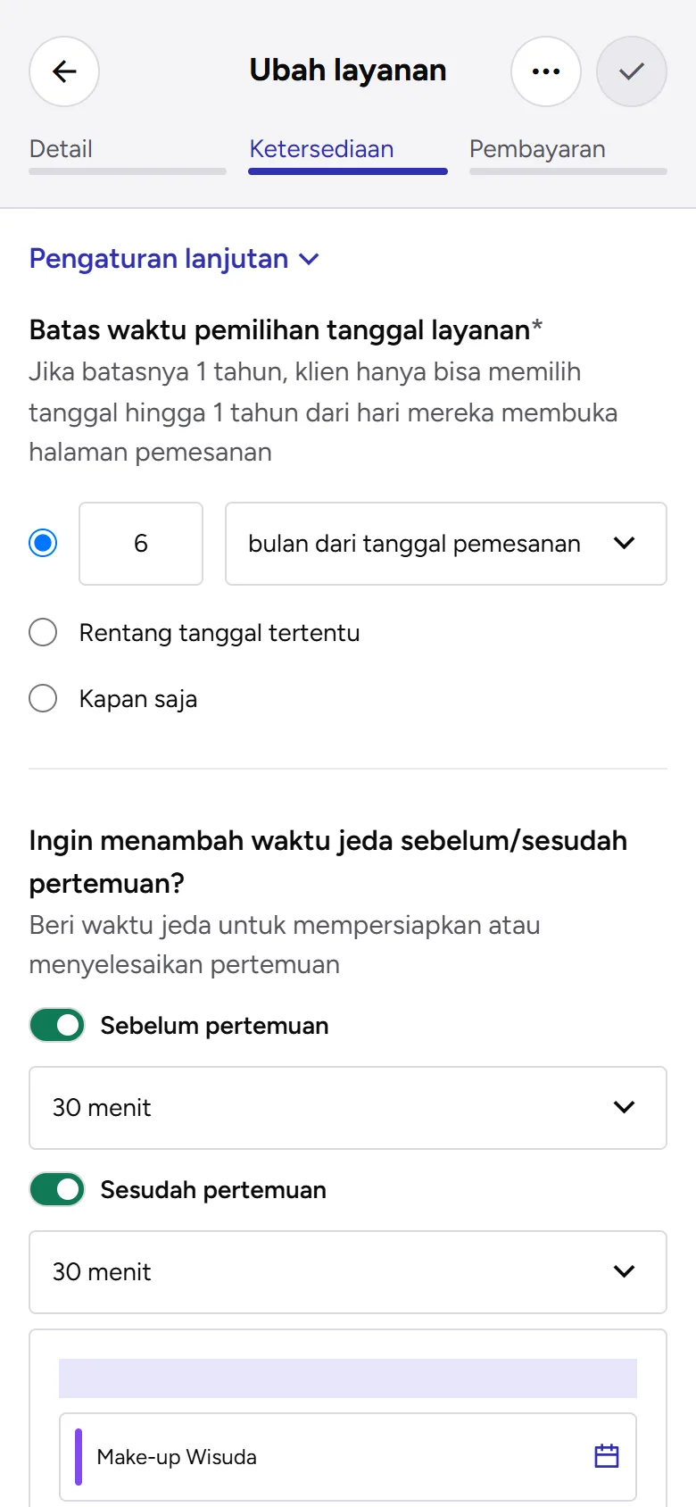 Tangkapan layar: Pengaturan lanjutan layanan dengan batas tanggal dan waktu jeda, tampilan ponsel