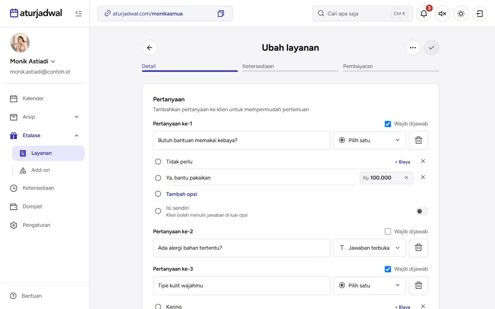 Tangkapan layar: kartu Pertanyaan dengan pertanyaan pilih satu dan opsi berbiaya, tampilan desktop