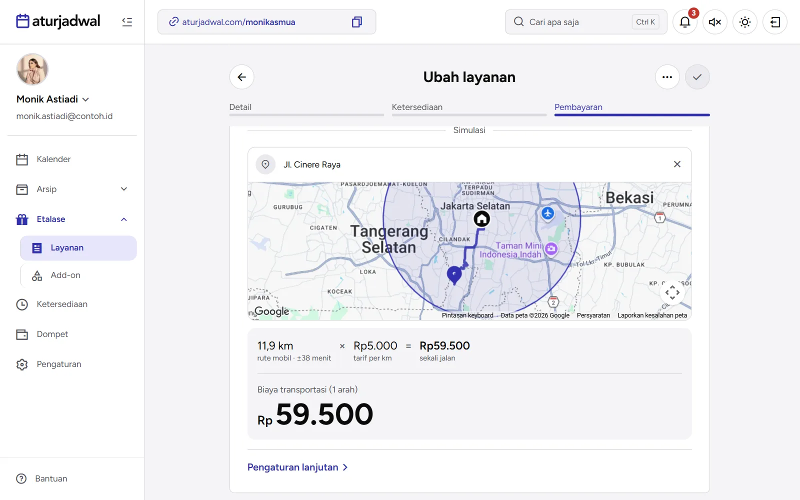Tangkapan layar: simulasi biaya transportasi dengan rute di peta dan totalnya, tampilan desktop