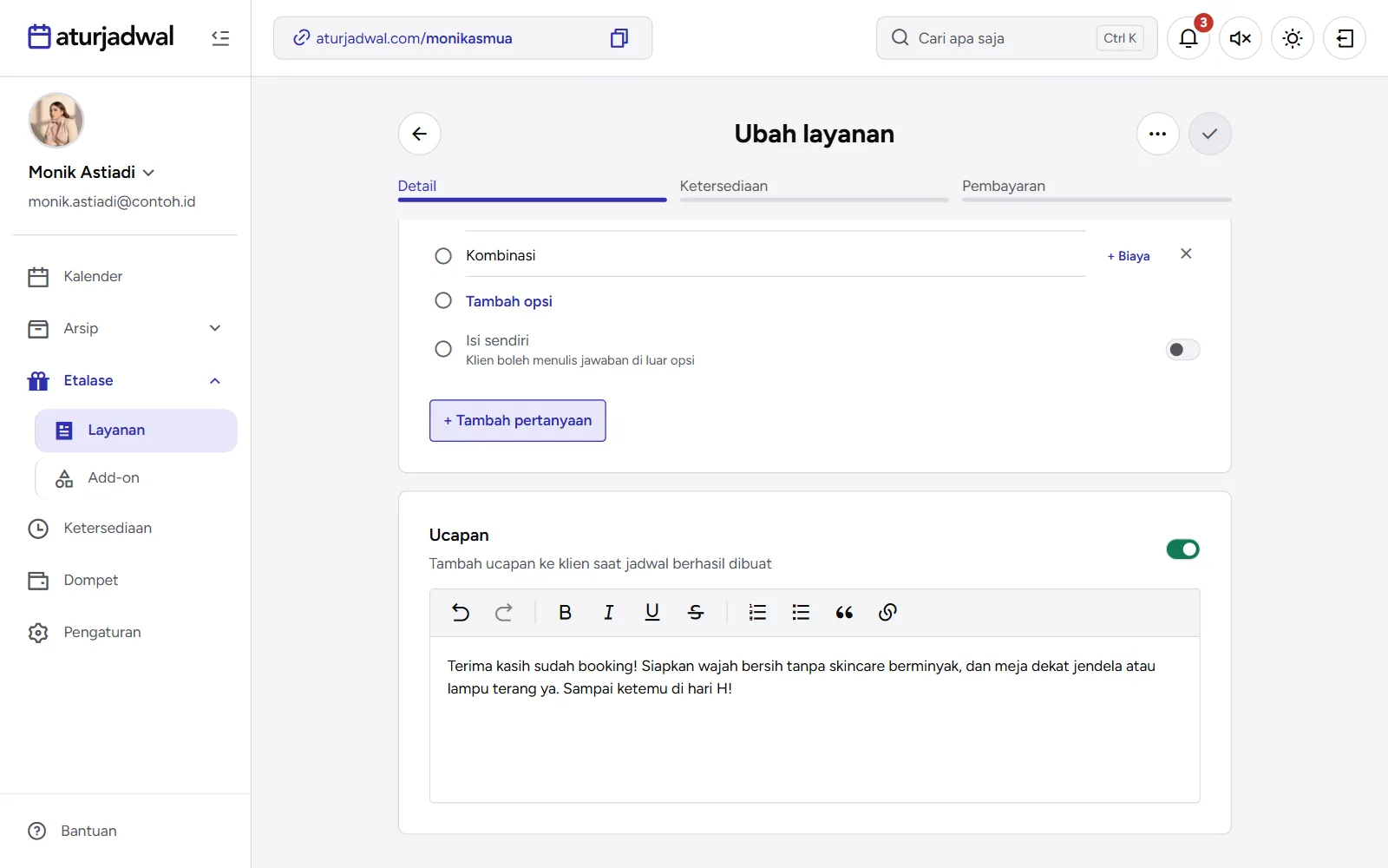 Tangkapan layar: kartu Ucapan menyala dengan pesan untuk klien, tampilan desktop