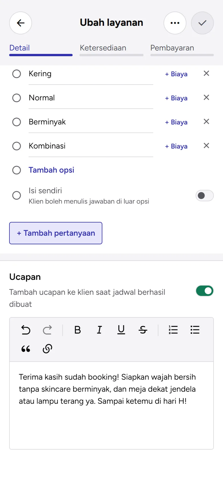 Tangkapan layar: kartu Ucapan menyala dengan pesan untuk klien, tampilan ponsel