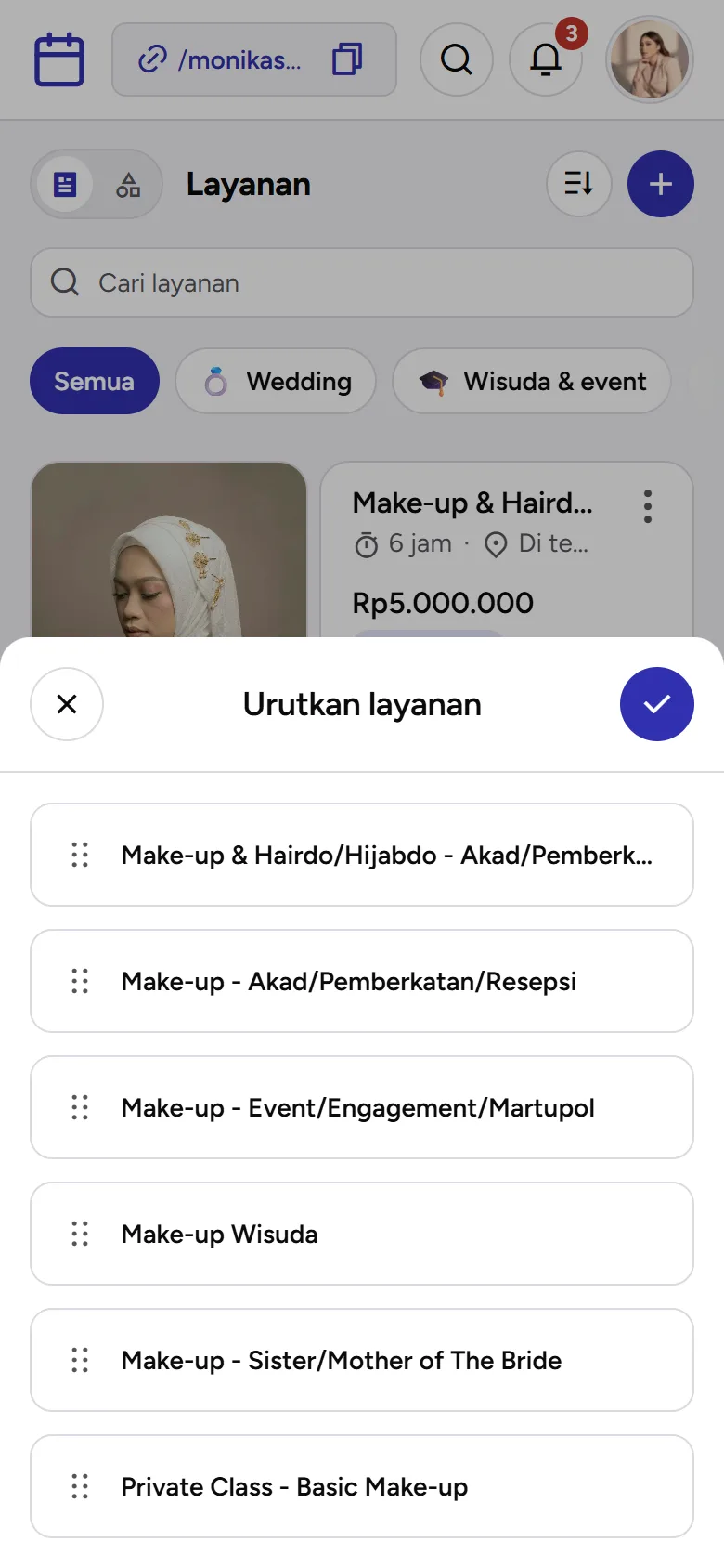 Tangkapan layar: lembar Urutkan layanan, tampilan ponsel