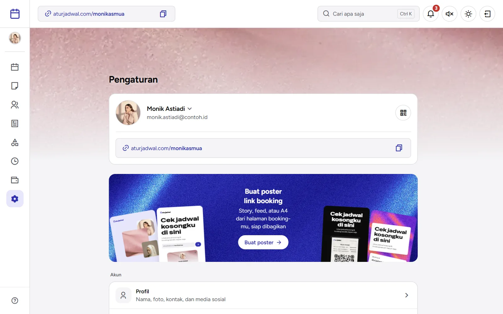 Tangkapan layar: Pengaturan dengan link halaman booking dan tombol Kode QR, tampilan desktop