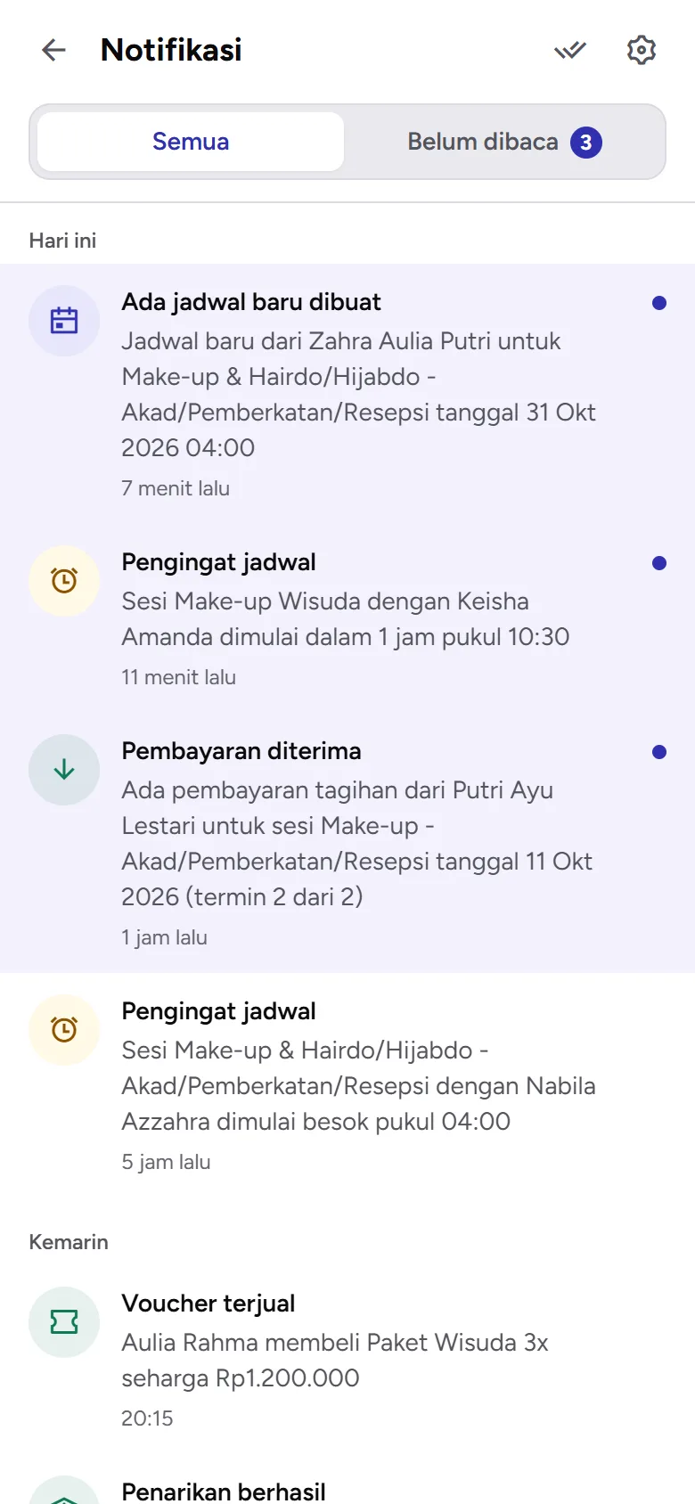 Tangkapan layar: layar Notifikasi dengan filter Semua dan Belum dibaca, tampilan ponsel