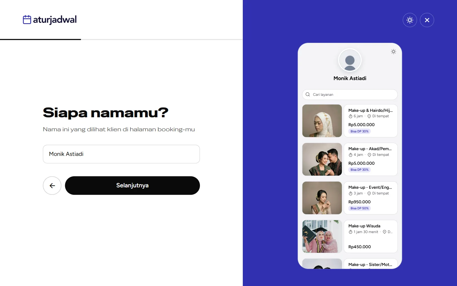 Tangkapan layar: langkah Siapa namamu? dengan pratinjau halaman booking di panel kanan, tampilan desktop