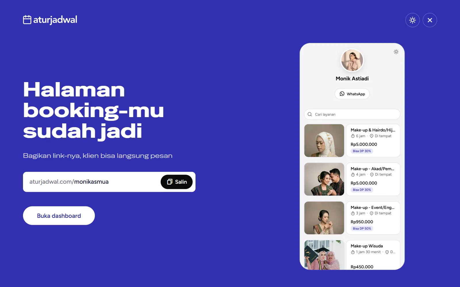 Tangkapan layar: layar Halaman booking-mu sudah jadi dengan link dan tombol Salin, tampilan desktop