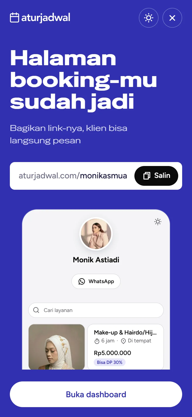 Tangkapan layar: layar Halaman booking-mu sudah jadi dengan link dan tombol Salin, tampilan ponsel