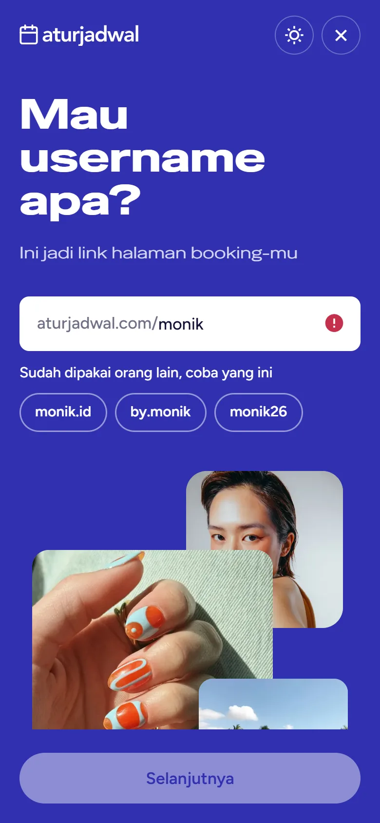 Tangkapan layar: langkah Mau username apa? dengan saran username pengganti, tampilan ponsel