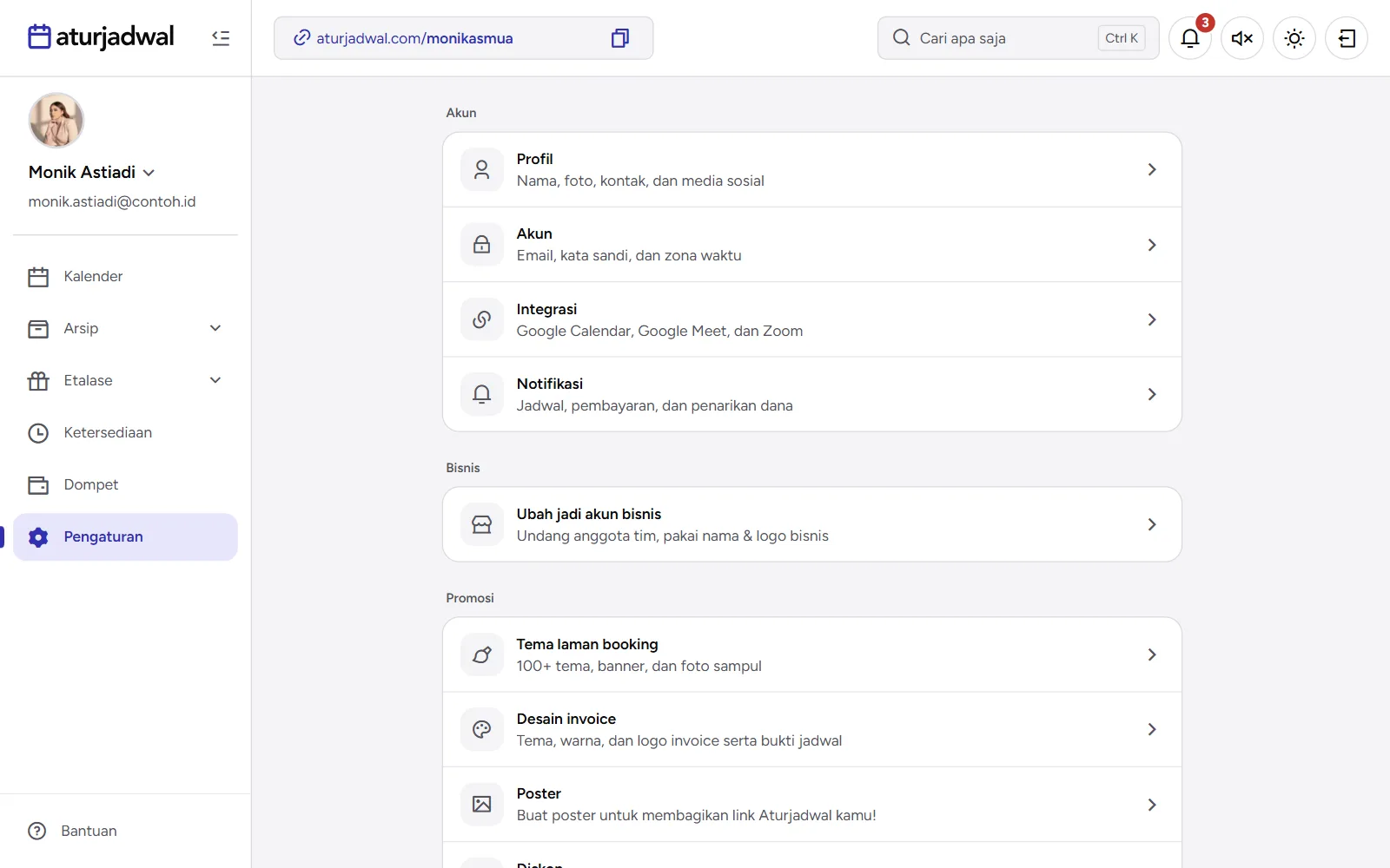 Tangkapan layar: grup menu Pengaturan, tampilan desktop