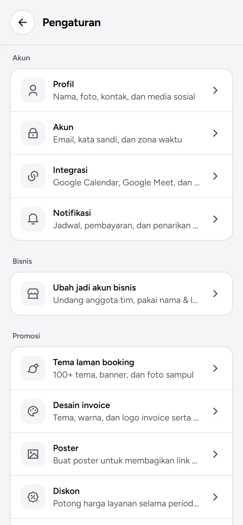 Tangkapan layar: grup menu Pengaturan, tampilan ponsel