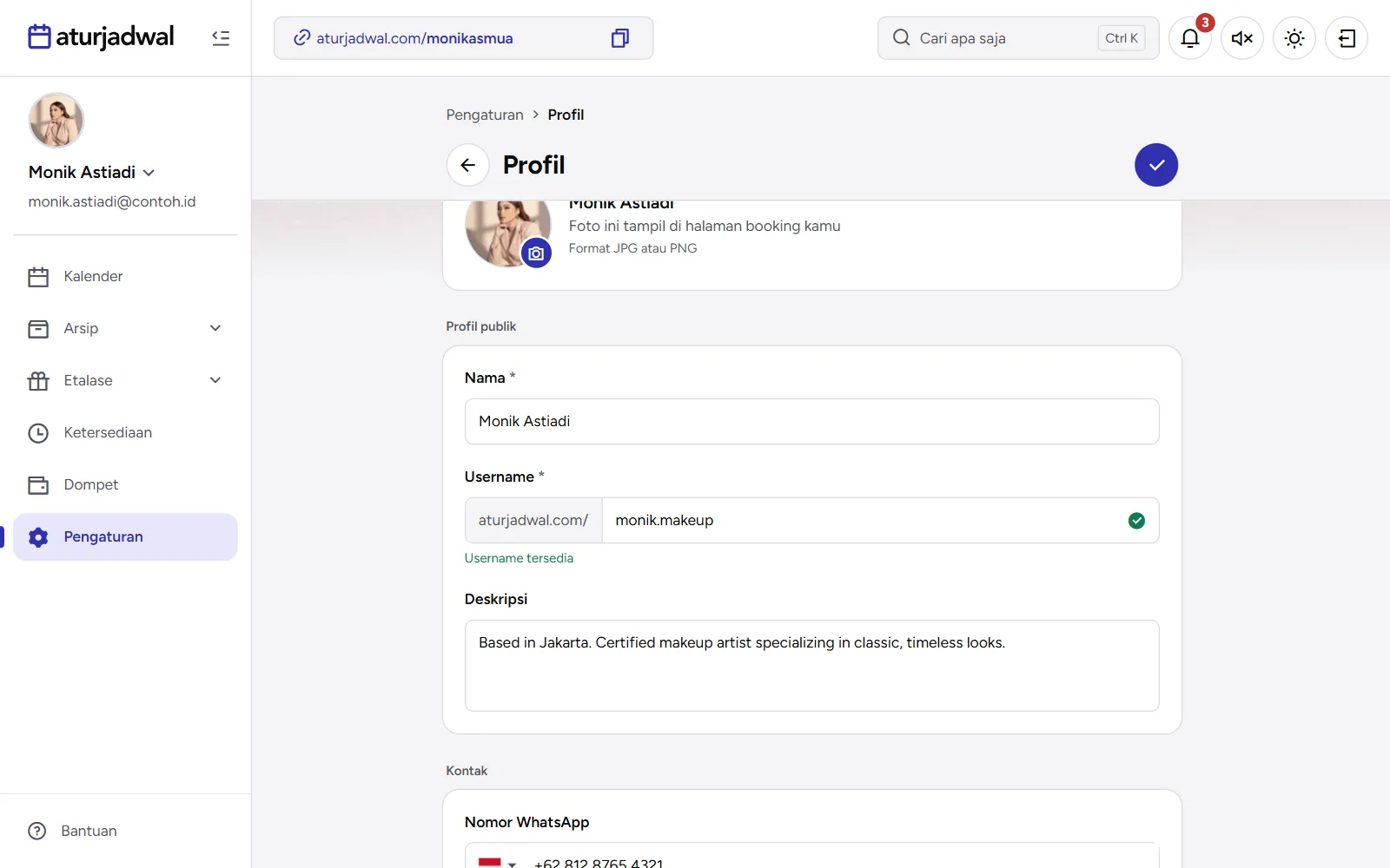 Tangkapan layar: Pengaturan Profil dengan username baru dan keterangan Username tersedia, tampilan desktop