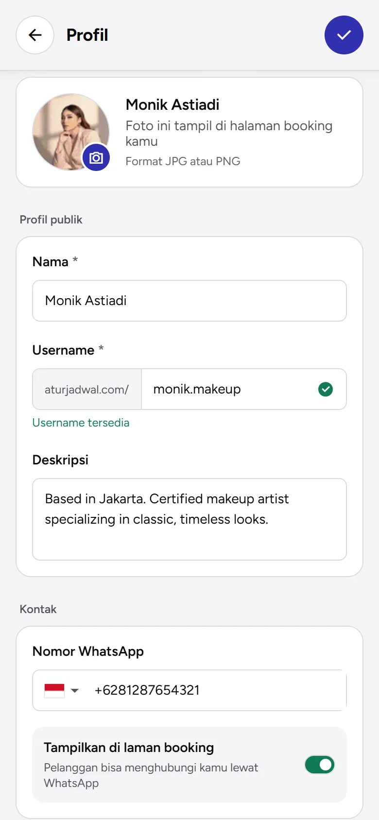 Tangkapan layar: kolom Username dengan keterangan Username tersedia, tampilan ponsel
