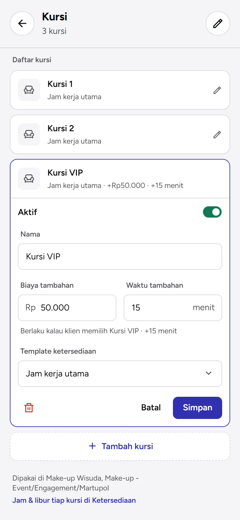 Tangkapan layar: daftar kursi dengan baris Kursi VIP terbuka, tampilan ponsel