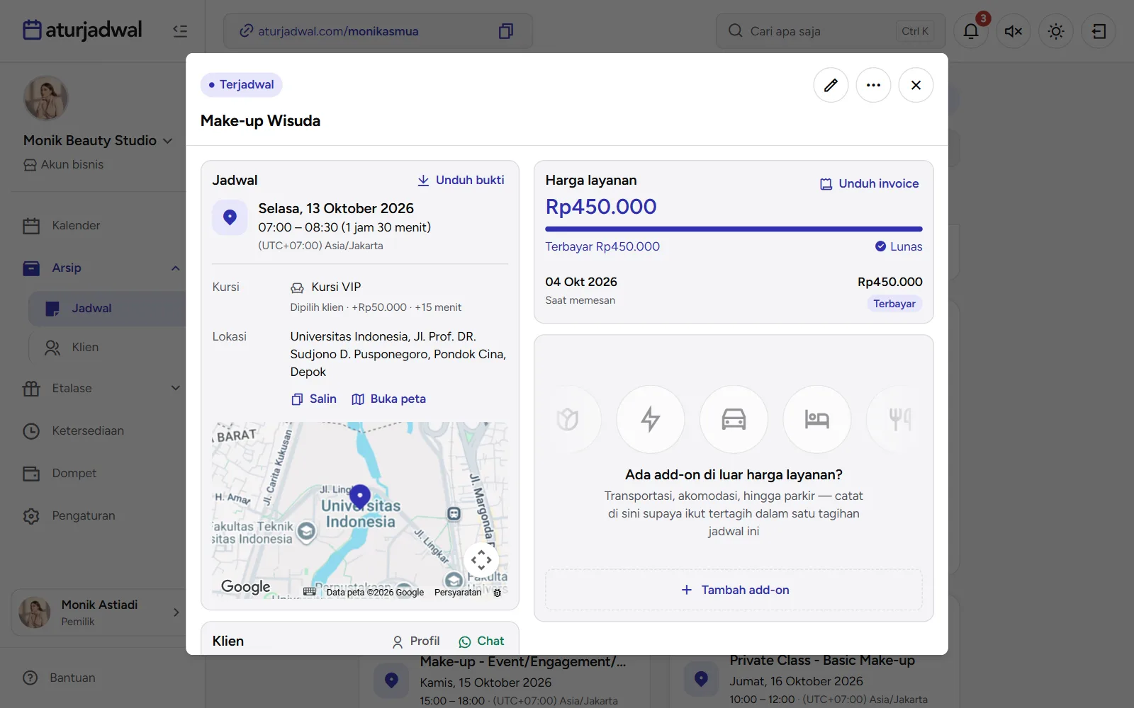 Tangkapan layar: kursi di Detail jadwal, tampilan desktop