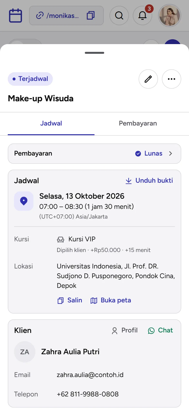 Tangkapan layar: kursi di Detail jadwal, tampilan ponsel