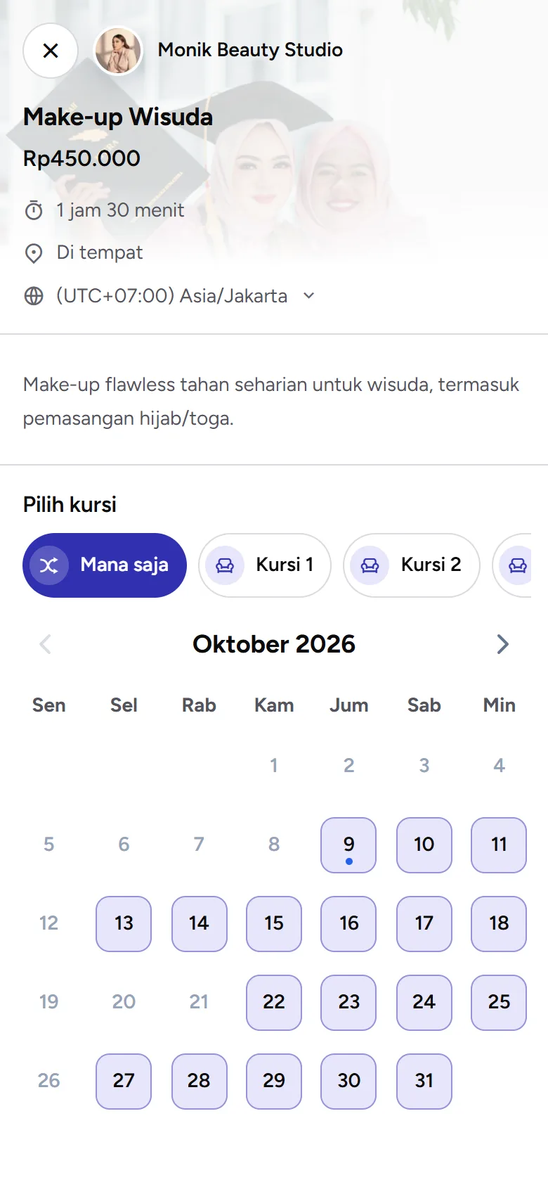 Tangkapan layar: pilihan kursi di halaman booking, tampilan ponsel
