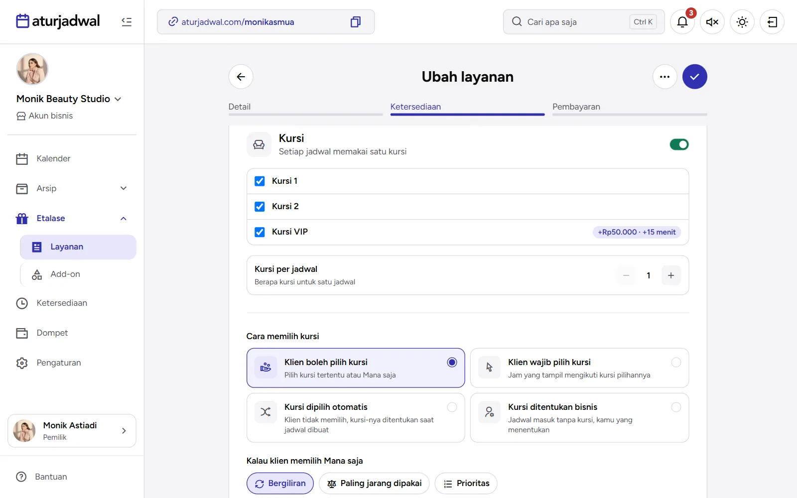 Tangkapan layar: pengaturan kursi di formulir layanan, tampilan desktop