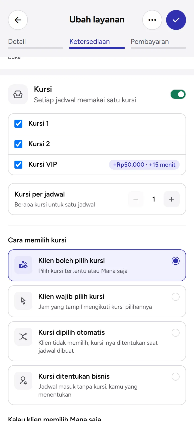 Tangkapan layar: pengaturan kursi di formulir layanan, tampilan ponsel