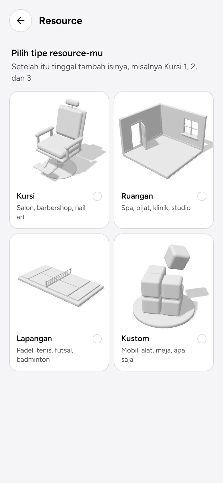 Tangkapan layar: halaman Resource dengan pilihan tipe Kursi, Ruangan, Lapangan, dan Kustom, tampilan ponsel