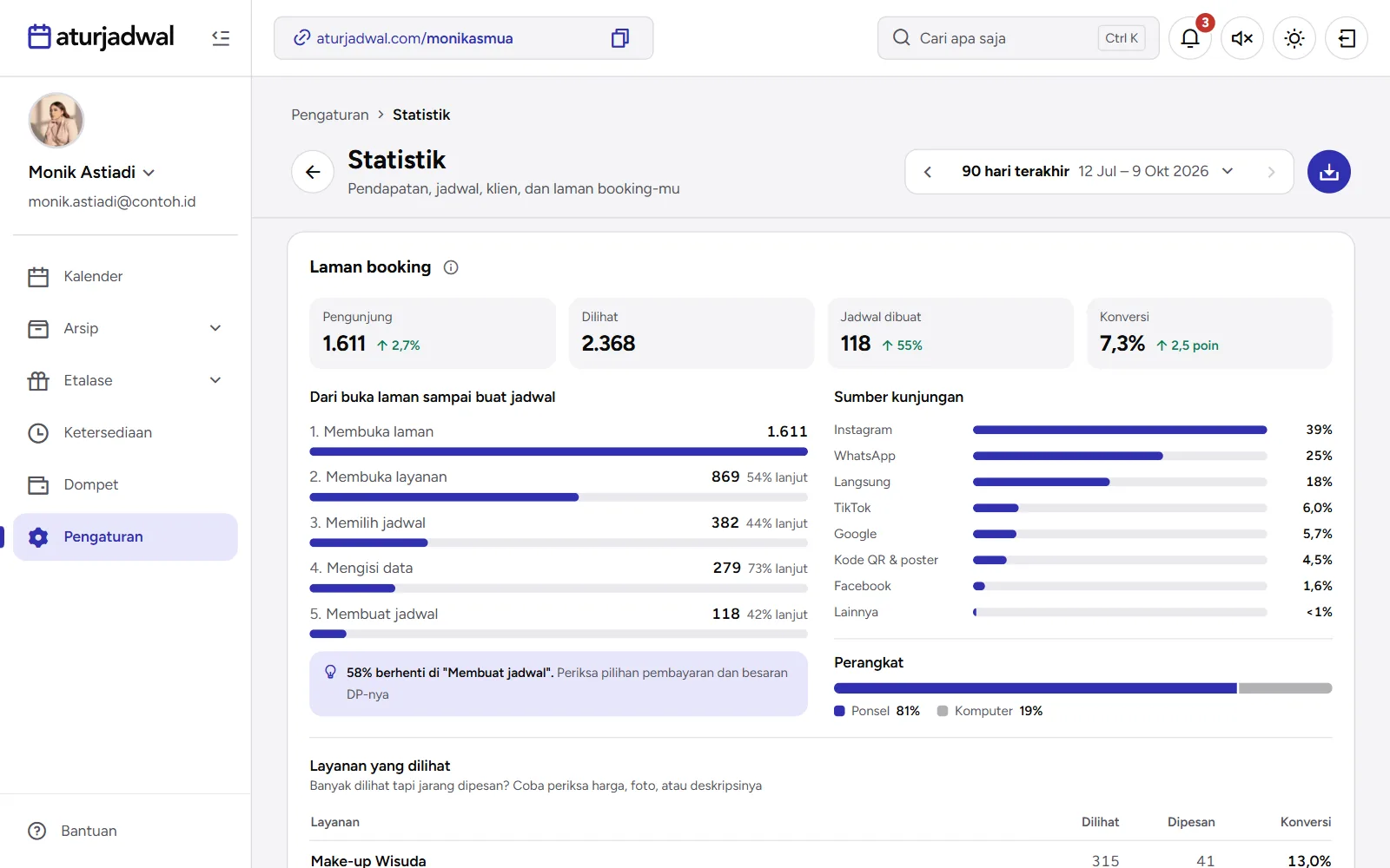 Tangkapan layar: kartu Laman booking dengan langkah pemesanan dan sumber kunjungan, tampilan desktop