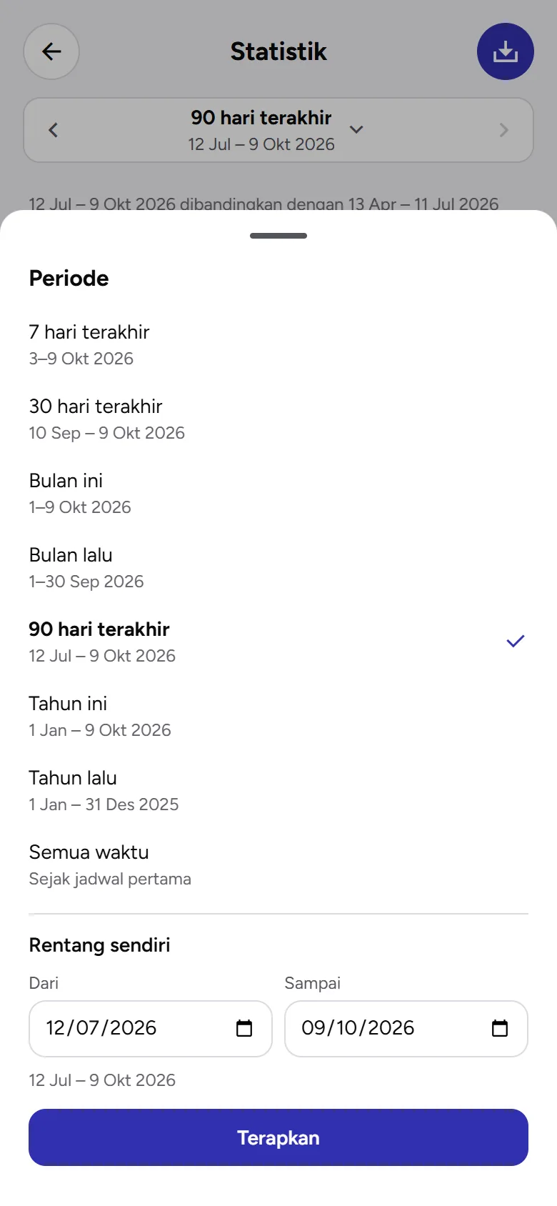 Tangkapan layar: pilihan periode Statistik, tampilan ponsel