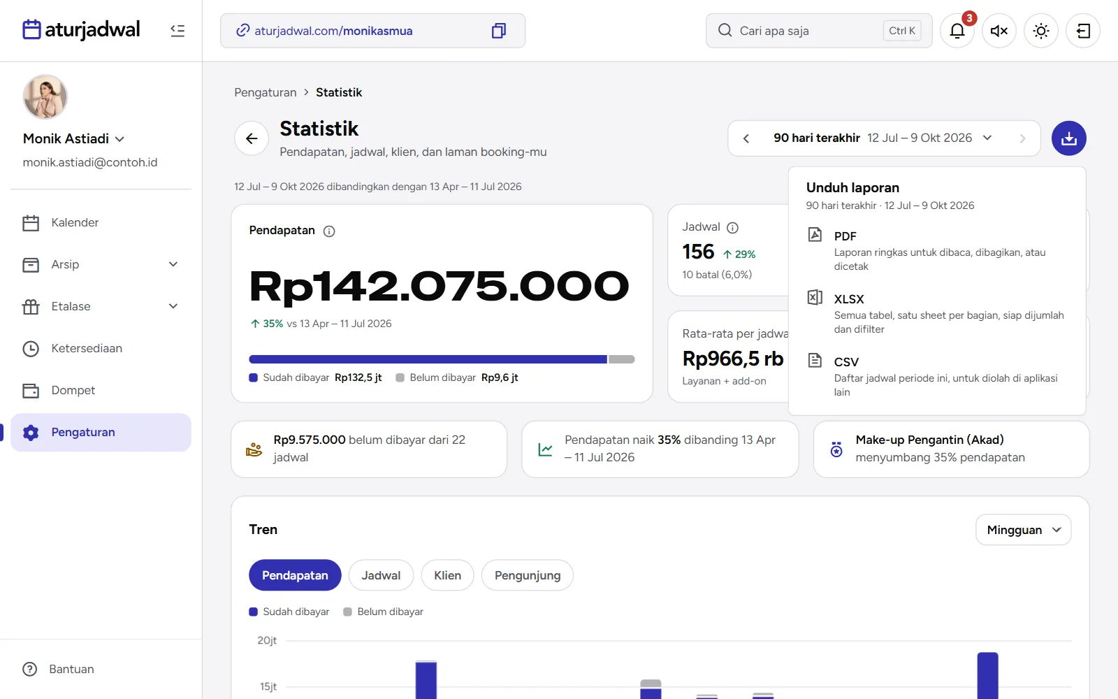 Tangkapan layar: menu Unduh laporan dengan PDF, XLSX, dan CSV, tampilan desktop