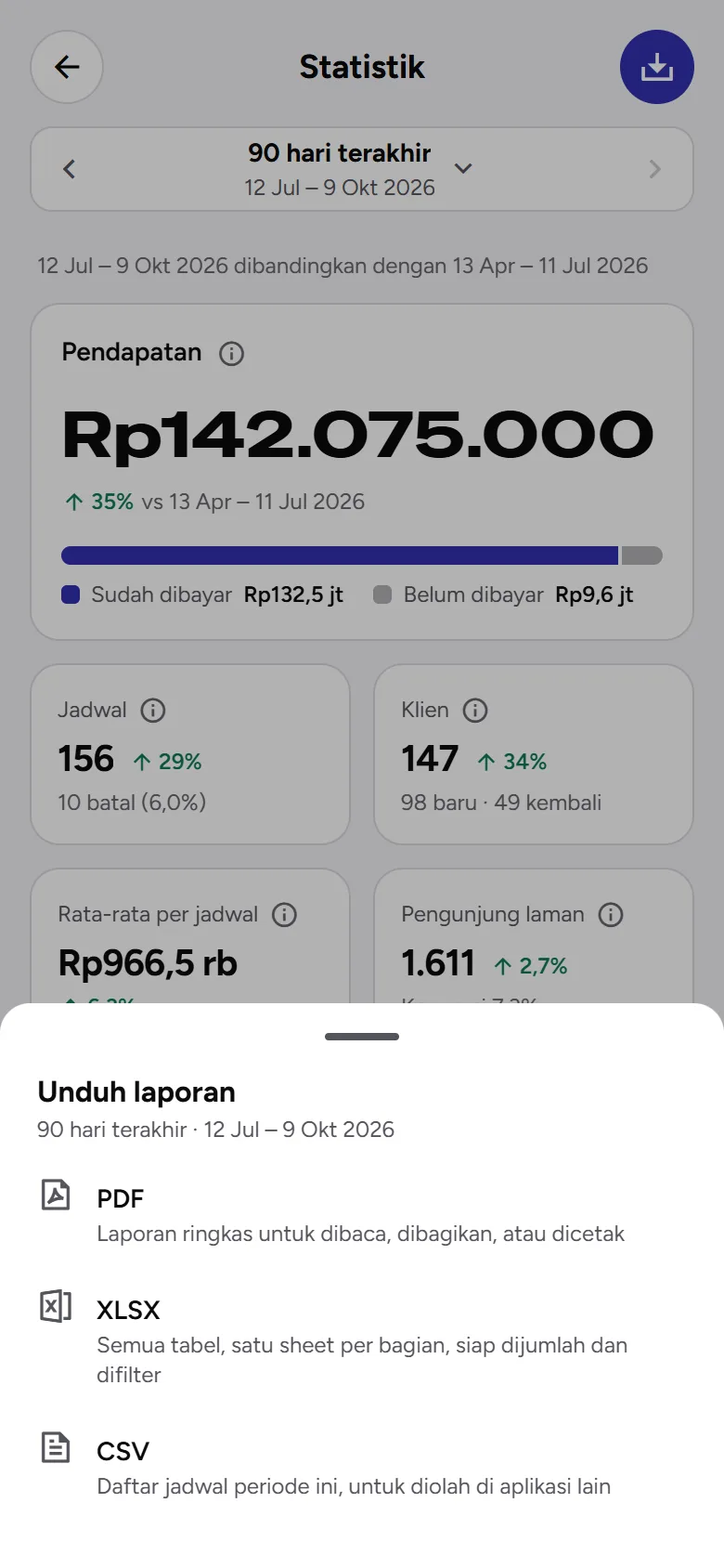 Tangkapan layar: menu Unduh laporan dengan PDF, XLSX, dan CSV, tampilan ponsel