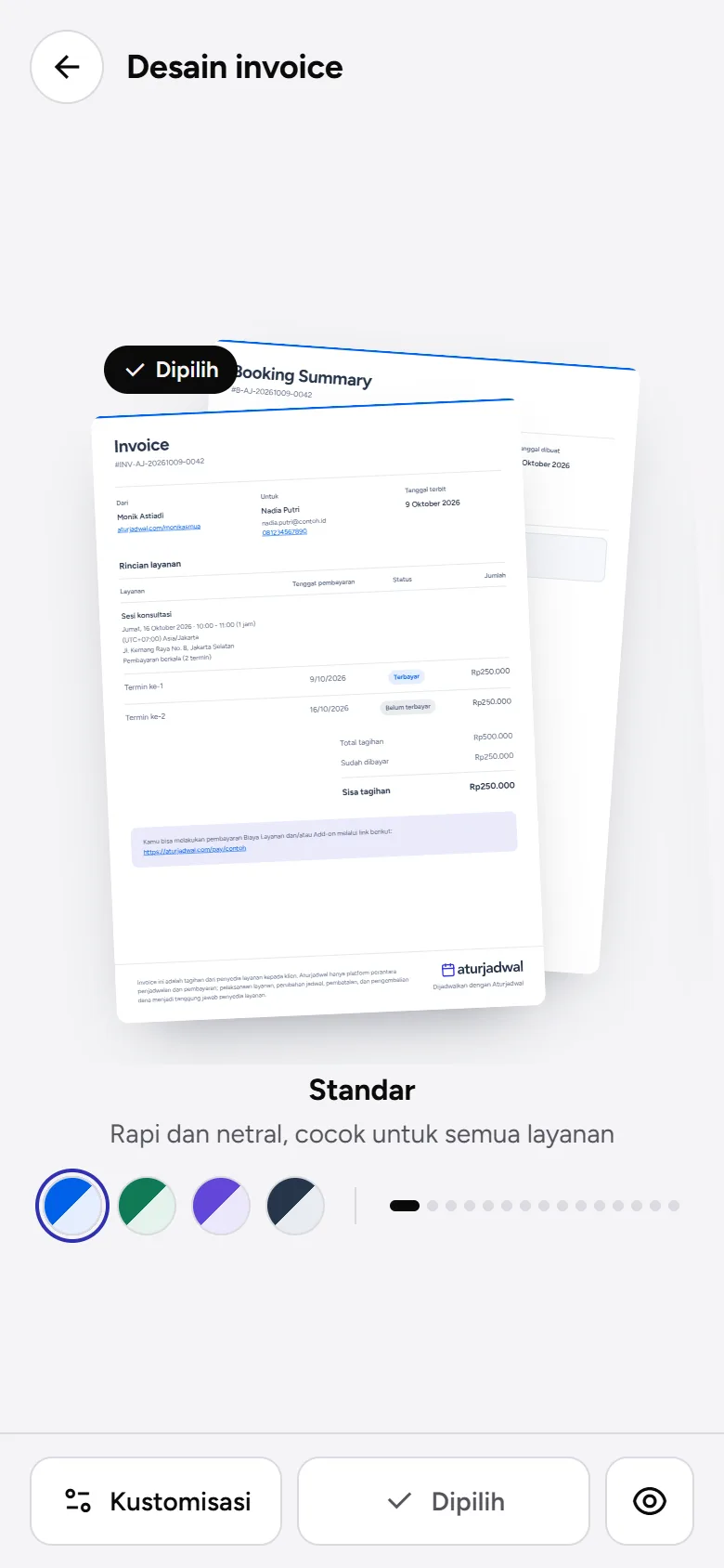 Tangkapan layar: halaman Desain invoice, tampilan ponsel