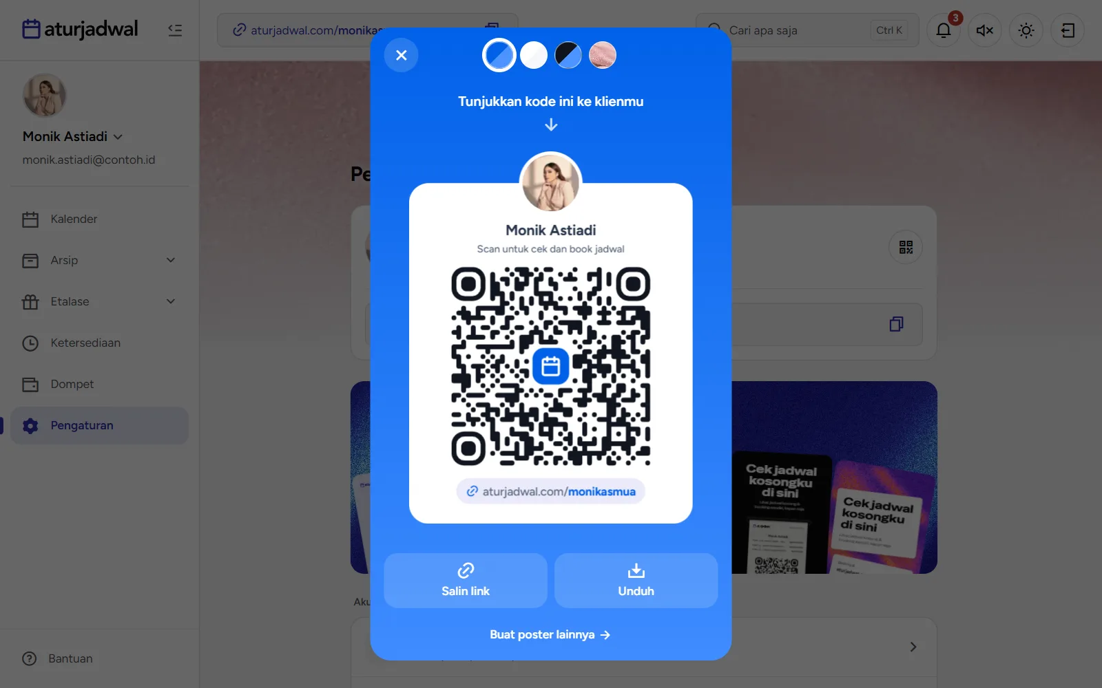 Tangkapan layar: kode QR halaman booking dengan tombol Salin link dan Unduh, tampilan desktop