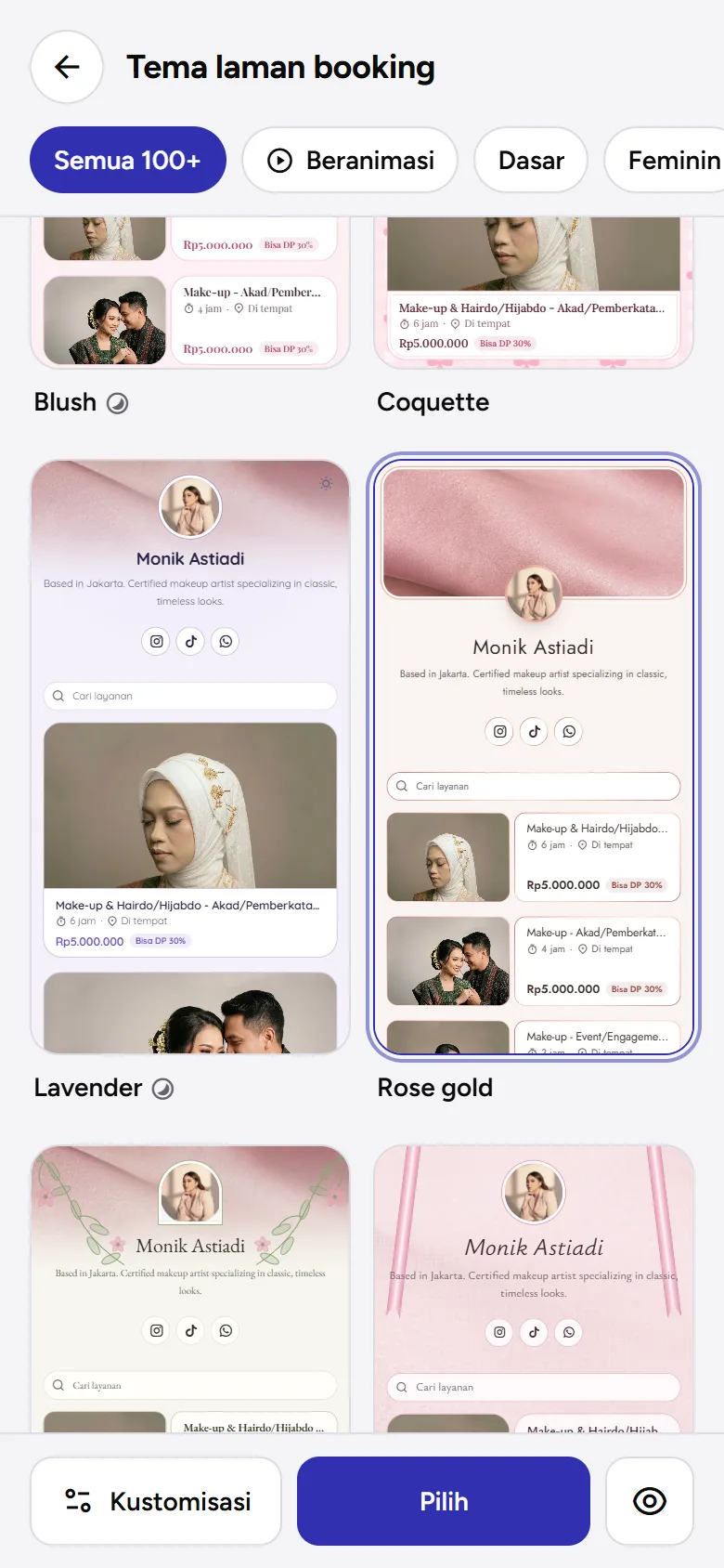 Tangkapan layar: pilihan tema laman booking dengan tema Rose gold terpilih, tampilan ponsel