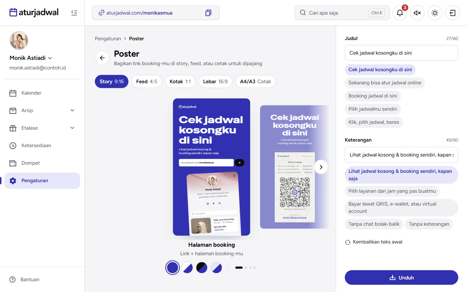 Tangkapan layar: halaman Poster dengan desain, ukuran, warna, dan teks poster, tampilan desktop