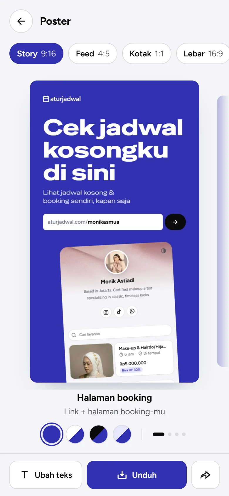 Tangkapan layar: poster Halaman booking ukuran Story, tampilan ponsel