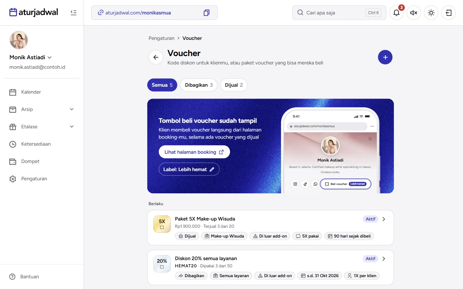 Tangkapan layar: halaman Voucher dengan tab Semua, Dibagikan, Dijual dan banner Tombol beli voucher, tampilan desktop