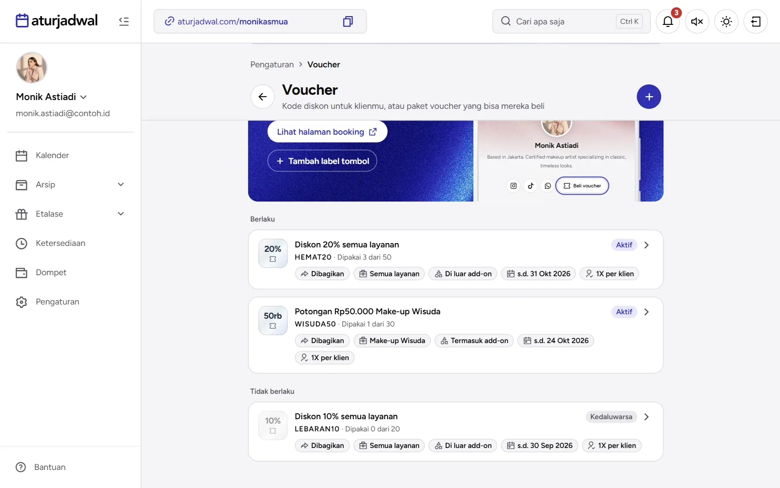 Tangkapan layar: tab Dibagikan dengan voucher yang berlaku dan satu yang sudah kedaluwarsa, tampilan desktop
