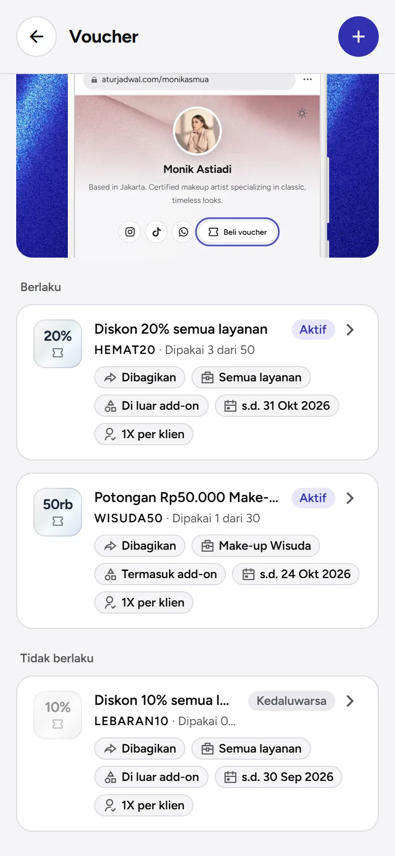 Tangkapan layar: tab Dibagikan dengan voucher yang berlaku dan satu yang sudah kedaluwarsa, tampilan ponsel