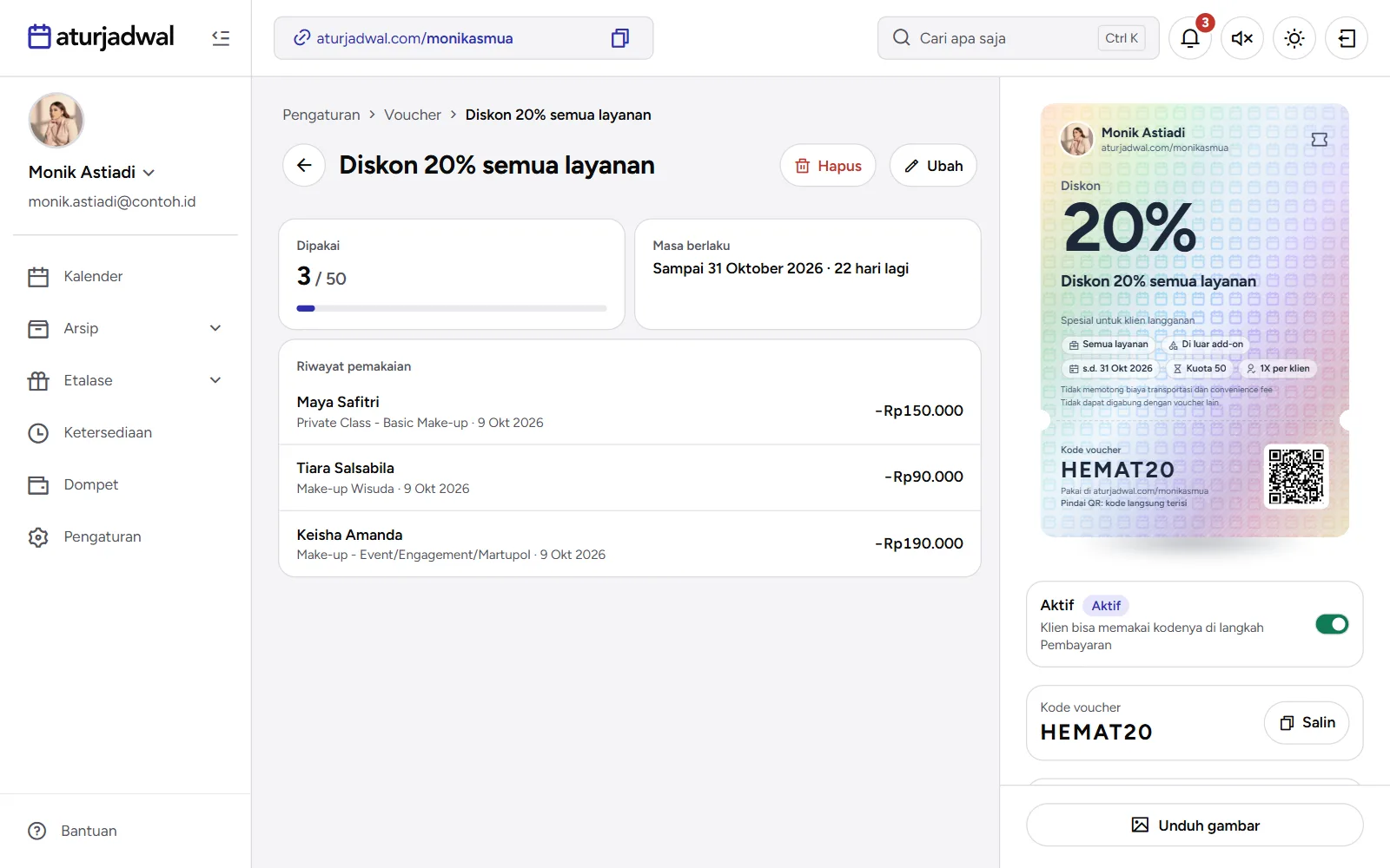 Tangkapan layar: detail voucher dibagikan dengan angka pemakaian, riwayat pemakaian, kartu perak, dan kode, tampilan desktop