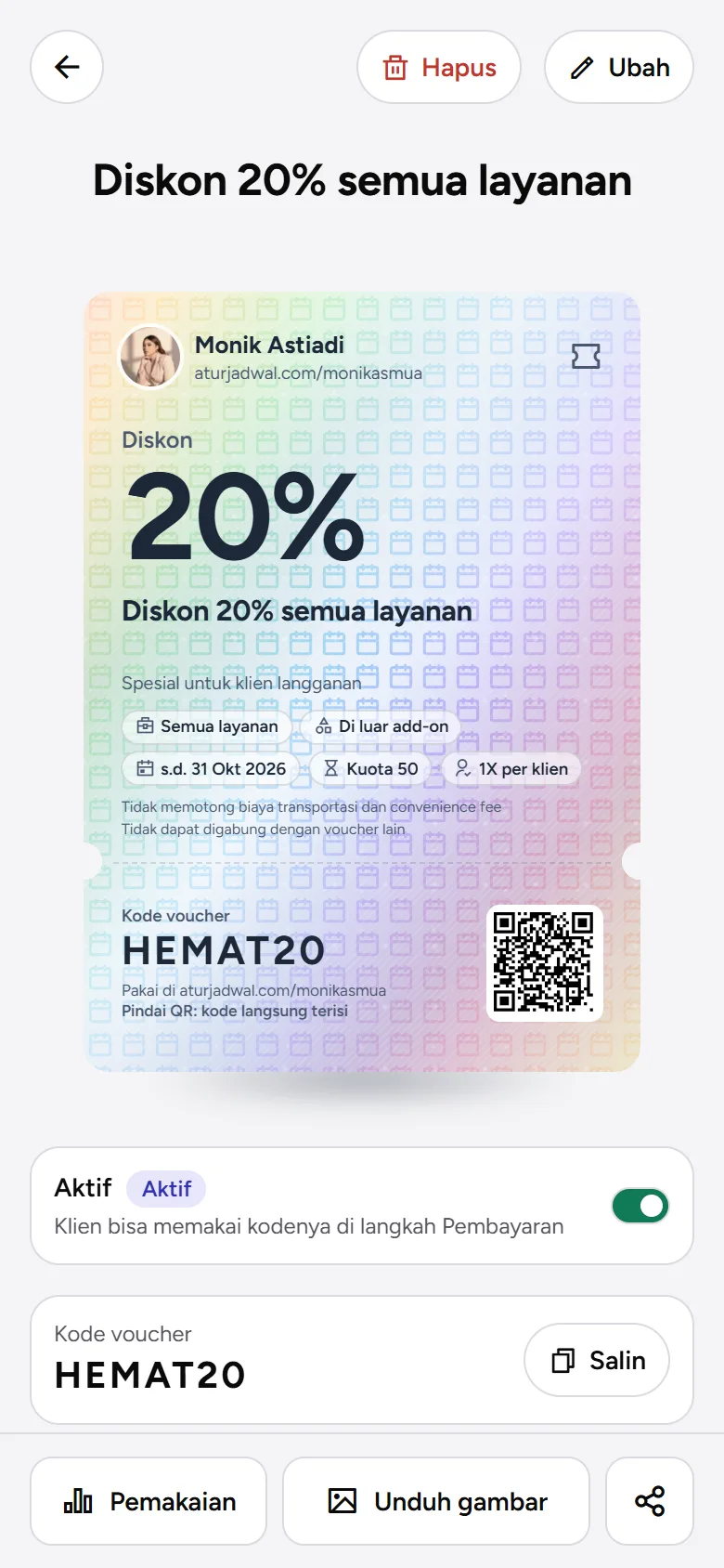 Tangkapan layar: detail voucher dibagikan dengan angka pemakaian, riwayat pemakaian, kartu perak, dan kode, tampilan ponsel