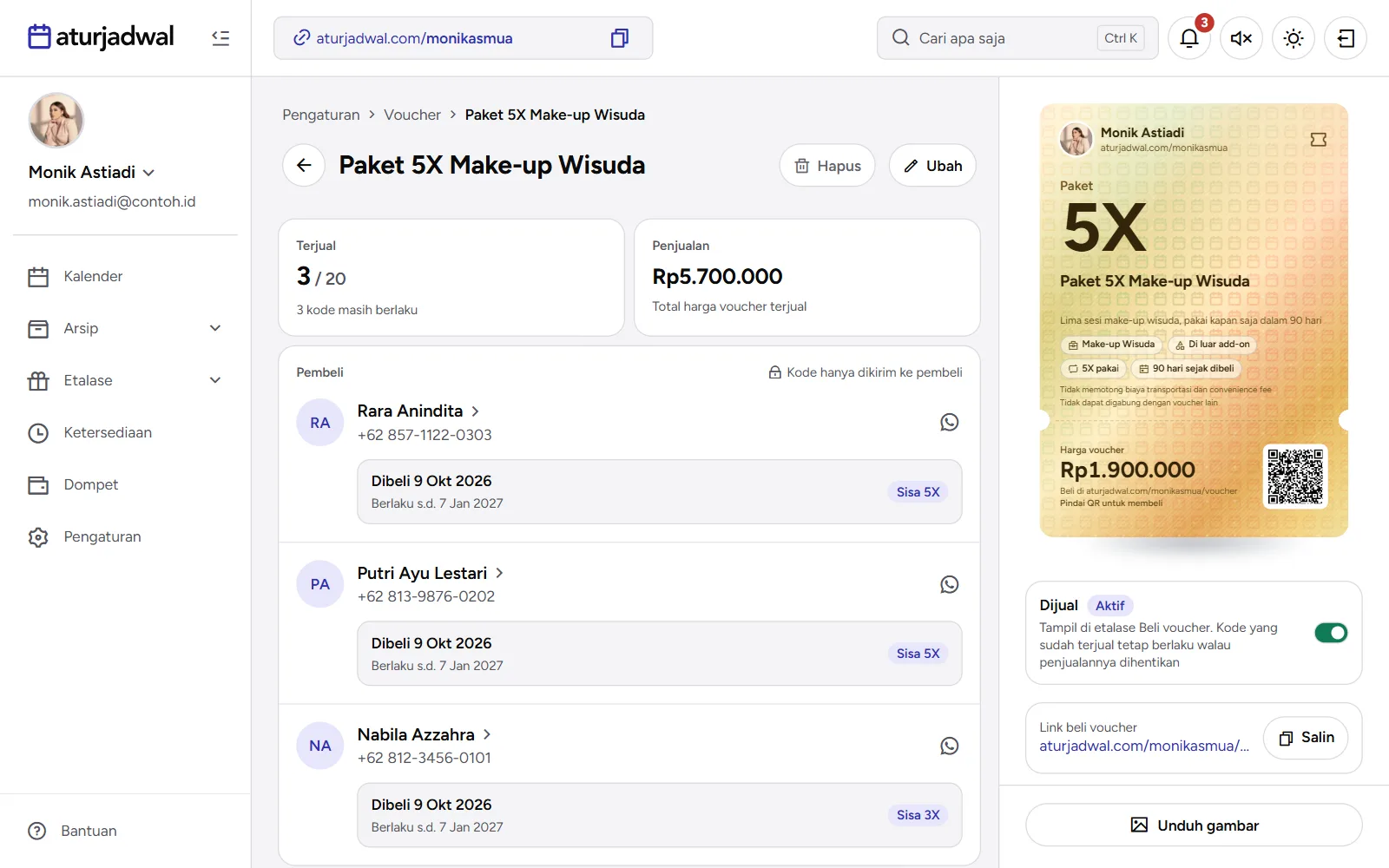 Tangkapan layar: detail voucher dijual dengan Terjual, Penjualan, dan daftar Pembeli per orang, tampilan desktop