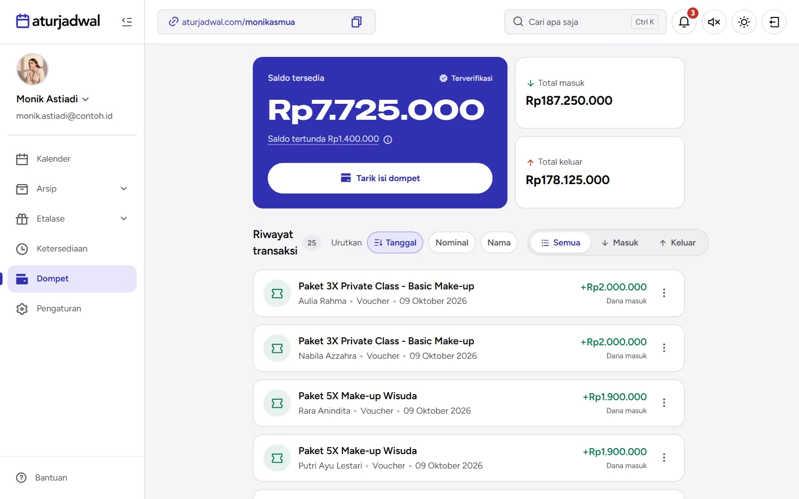 Tangkapan layar: Riwayat transaksi di Dompet dengan baris pembelian voucher, tampilan desktop