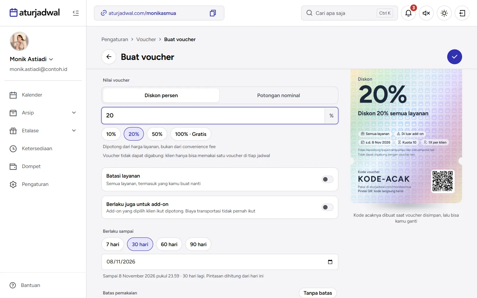 Tangkapan layar: formulir Buat voucher dengan jenis Dibagikan, nilai 20%, pilihan layanan, dan pratinjau kartu perak, tampilan desktop