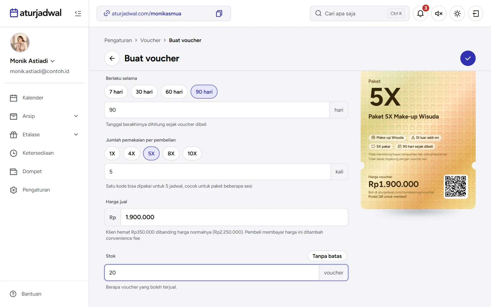 Tangkapan layar: bagian bawah formulir Buat voucher jenis Dijual: Berlaku selama, Jumlah pemakaian, Harga jual, dan Stok, tampilan desktop