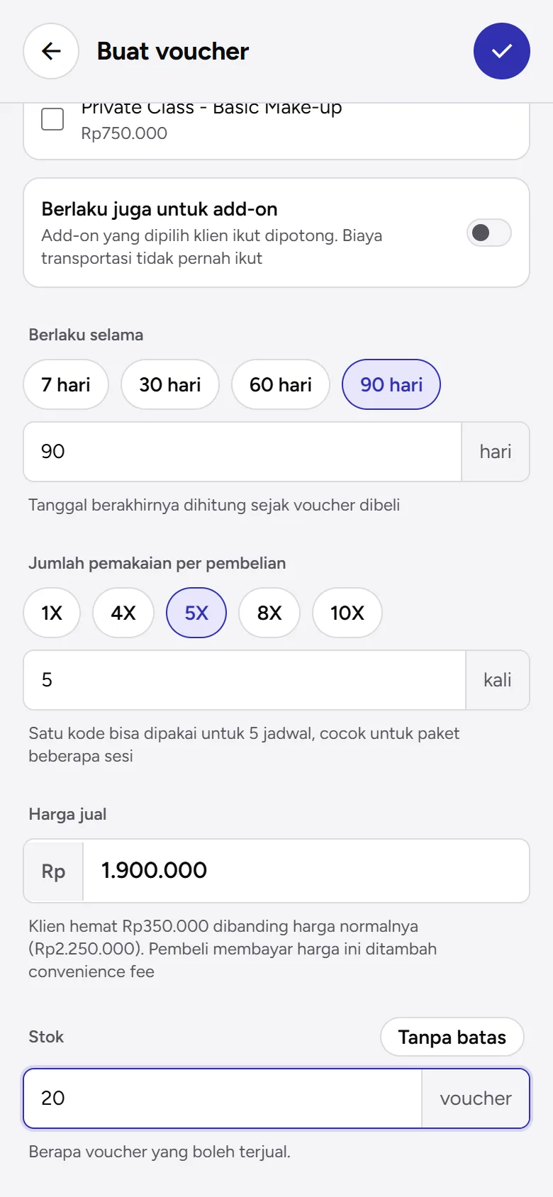 Tangkapan layar: bagian bawah formulir Buat voucher jenis Dijual: Berlaku selama, Jumlah pemakaian, Harga jual, dan Stok, tampilan ponsel