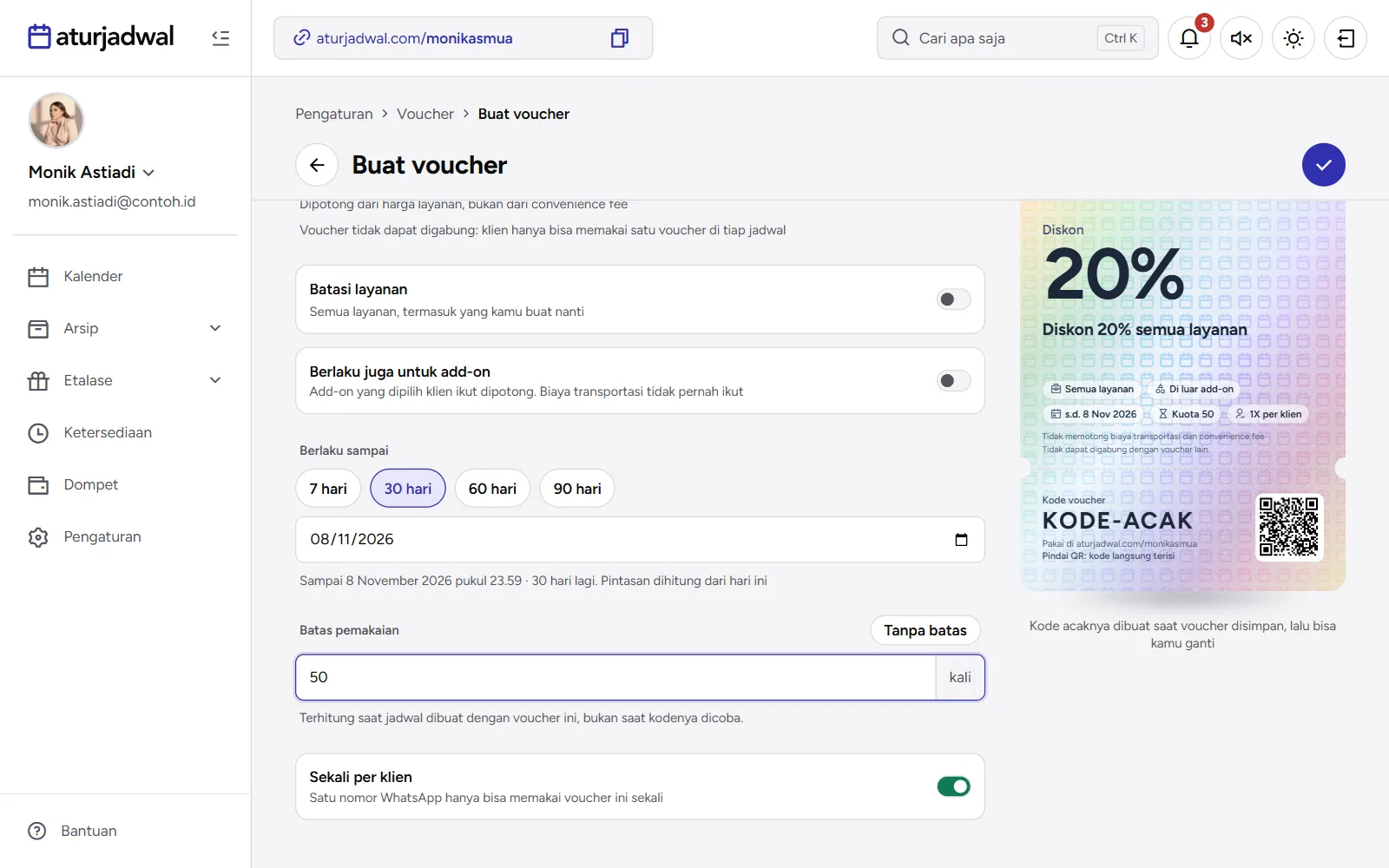 Tangkapan layar: bagian bawah formulir Buat voucher: Berlaku sampai, Batas pemakaian, dan Sekali per klien, tampilan desktop