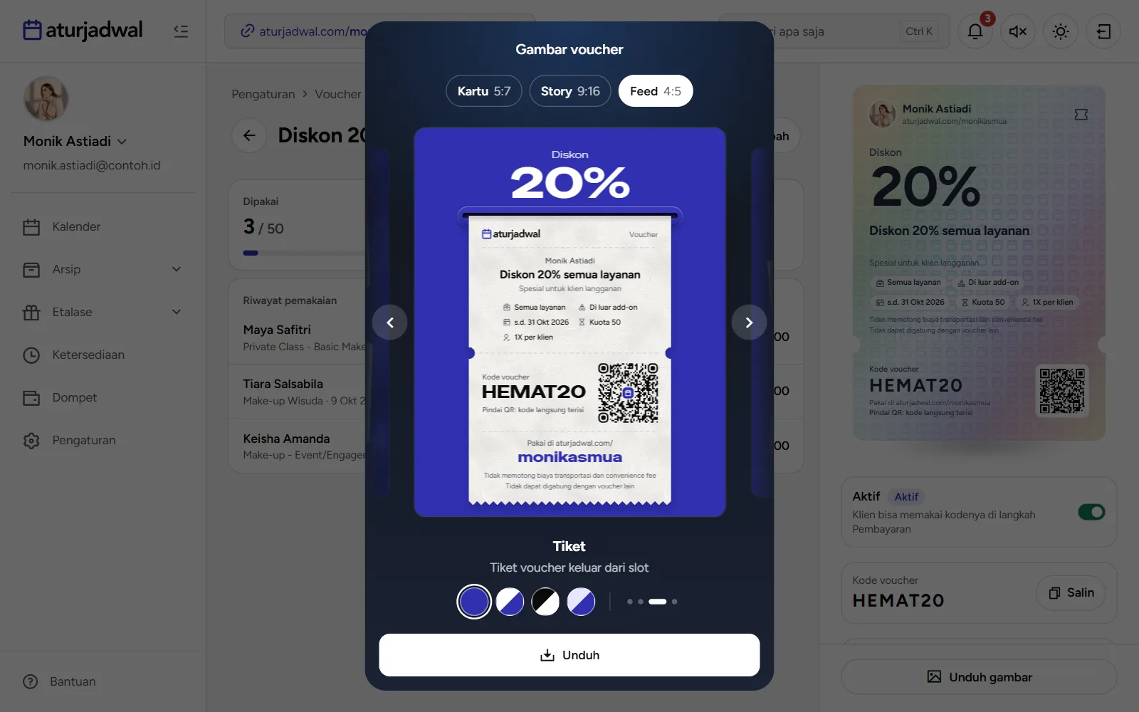 Tangkapan layar: layar Gambar voucher dengan poster Feed berdesain Tiket, tampilan desktop