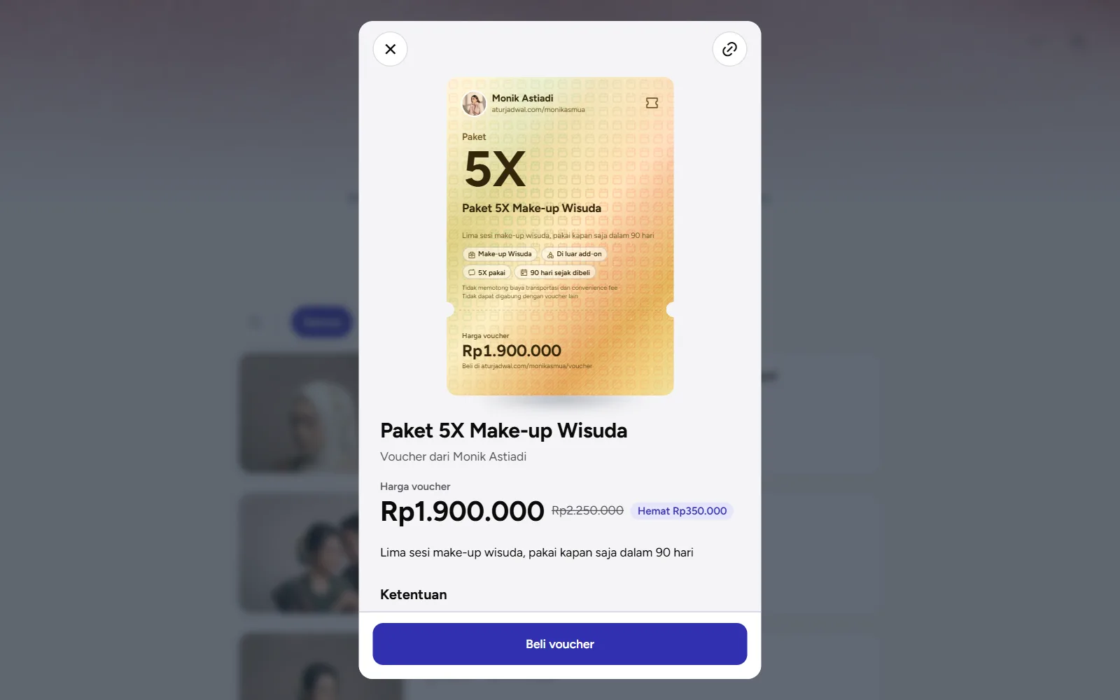 Tangkapan layar: halaman satu voucher dengan kartu emas, harga, dan tombol Beli voucher, tampilan desktop