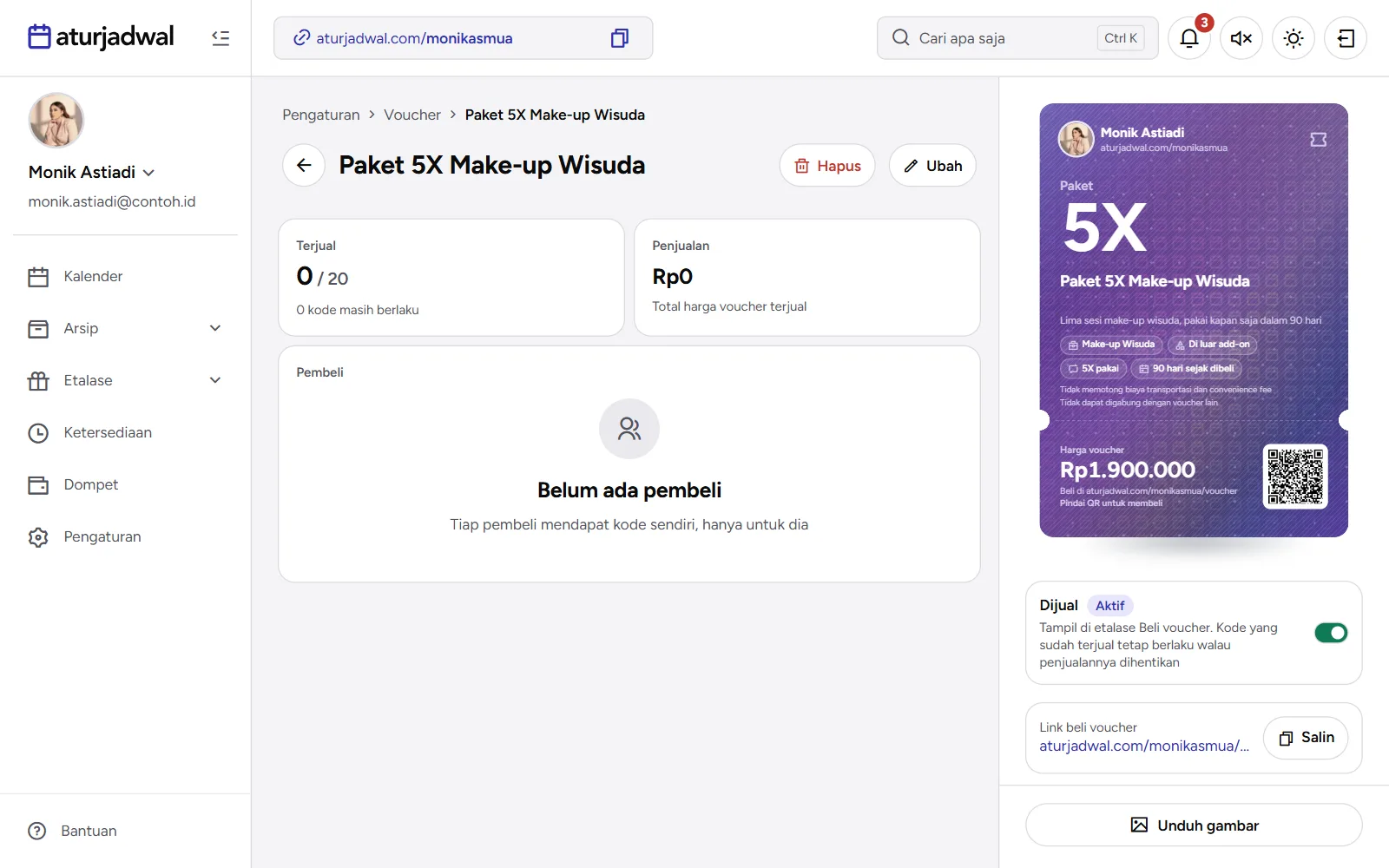 Tangkapan layar: detail voucher dijual di akun bertema Lavender dengan kartu yang dicat dari warna tema, tampilan desktop